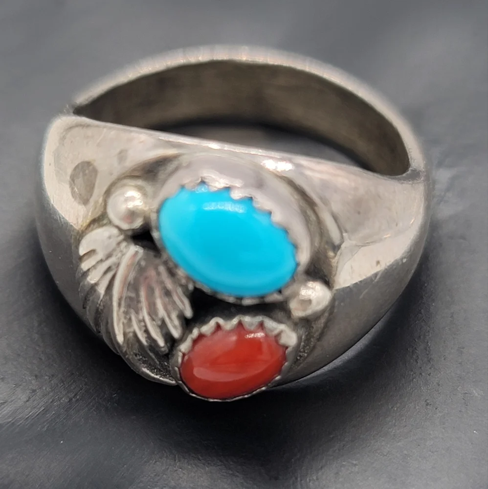 Sterling Silver Turquoise and Red Coral Ring - Picture 3 of 4